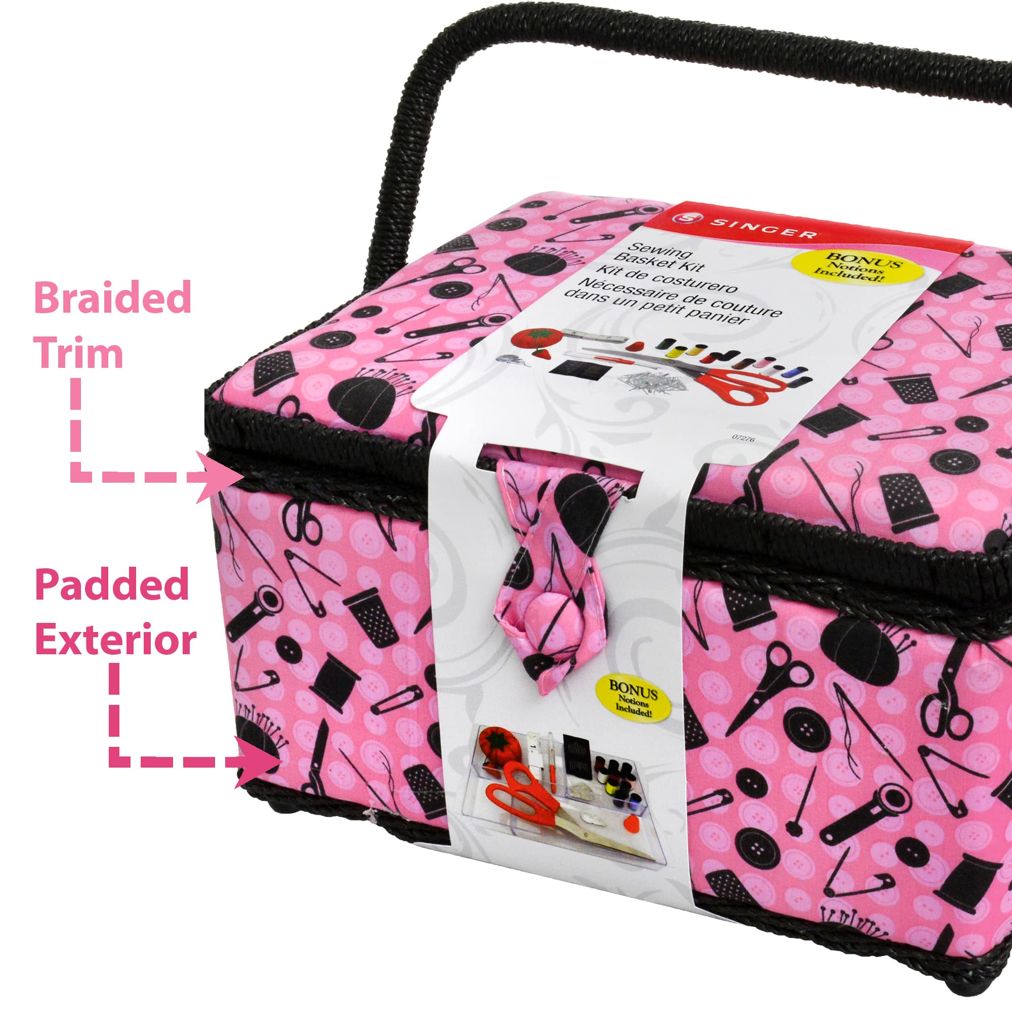 SINGER® Pink & Black Notions Pattern Sewing Basket Kit